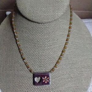 Silvertone beaded green orange heart 💜 ❤️ flower 💐 floral lia Sophia necklace